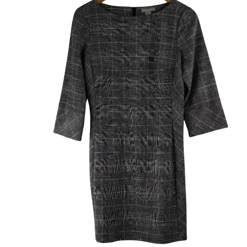 H&M Size S Plaid Boat Neck Sheath Career Dress 3/4 Sleeves